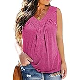 Eytino Plus Size Tank Tops for Women Summer V Neck Pleated Front Loose Casual Sleeveless Shirts Blouse(1X-5X)