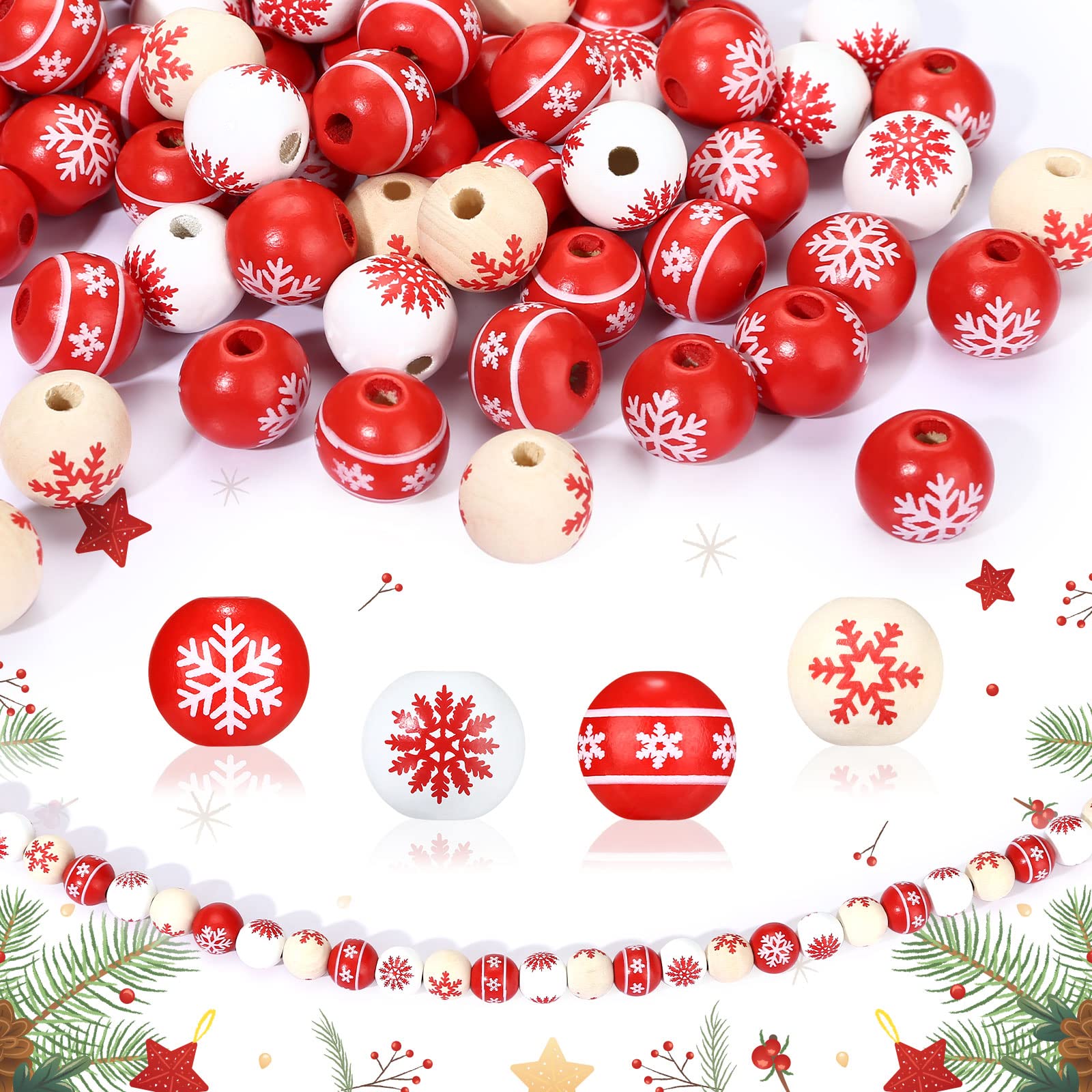 GWHOLE Christmas Crafts Wooden Beads 120 PCS 16mm Red and White Beads for Making Jewellery, Garland, DIY Christmas Home Tree Decoration