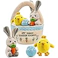 Sperric Easter Baby Plush Playset with Easter Basket, Bunny Holding Carrot, Easter Egg, and Squeaky Chicken, Sensory and Decorative Toys for Babies & Newborns (Easter Basket)