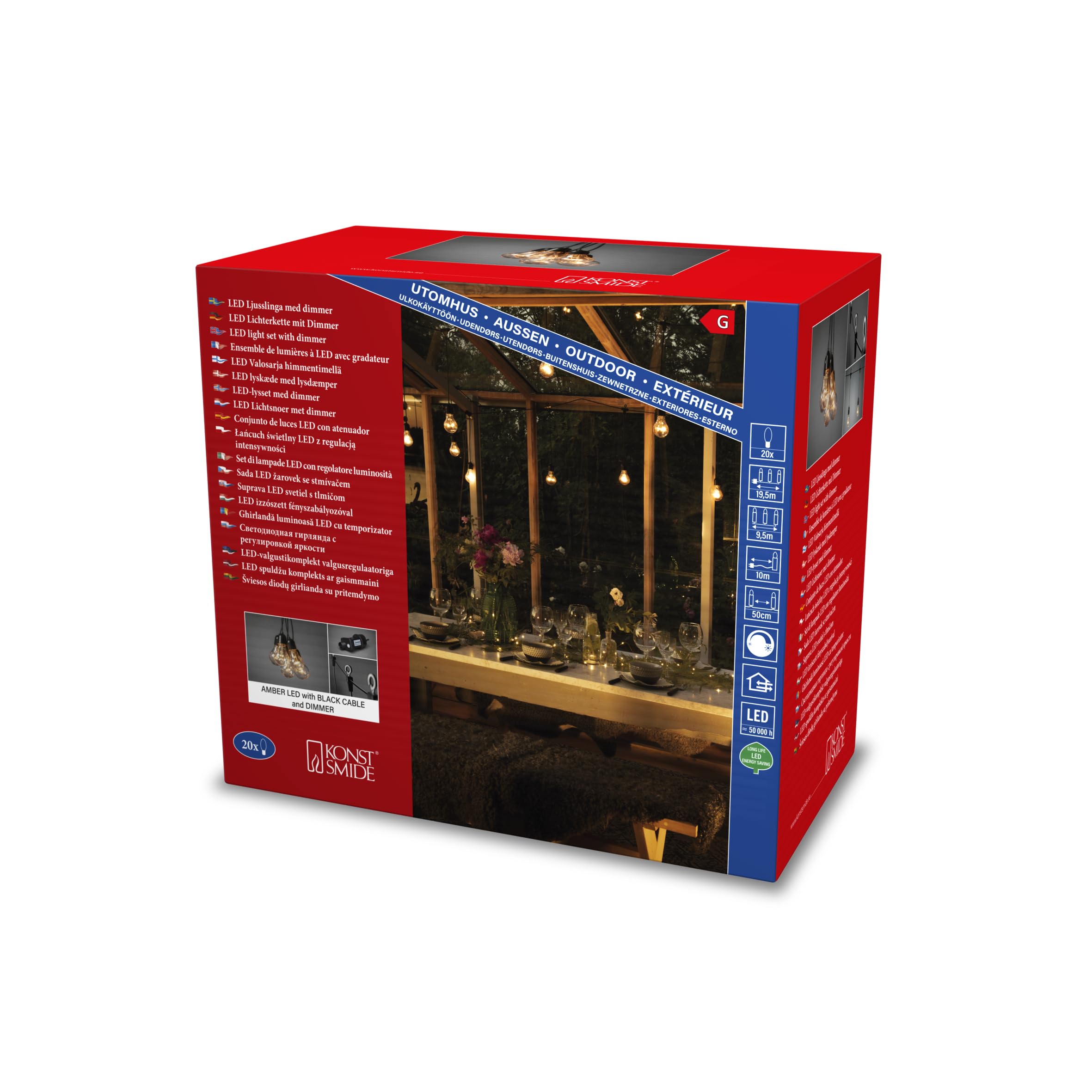 Konstsmide 2384-800 LED Beer Garden Party Lights Festoon Lights/Hanging/Clear/Outdoor Lights (IP44)/20 Clear Bulbs/160 Amber White Diodes/Black Cable Garden String Lights