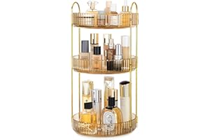 Vorey 360 Rotating Makeup Organizer Countertop 3 Tier Bathroom Organizer Spinning Perfume Organizers, Skincare Organizers Makeup Carousel Cosmetic Brush Storage for Vanity, Countertop, Gold