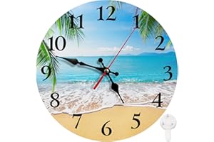 Britimes Round Wall Clock Silent Non-Ticking Battery Operated Clock 10 Inch, Palm Tropical Beach Summer Tree Home Decor for Living Room, Kitchen, Bedroom, and Office