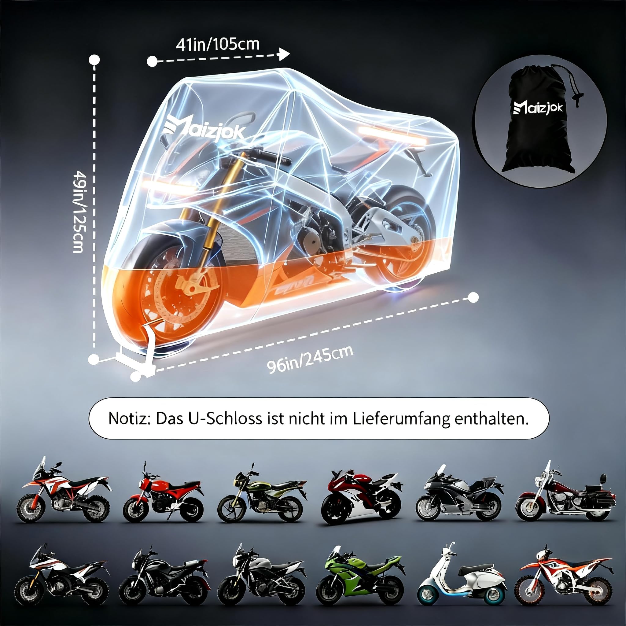 Maizjok Motorrad Abdeckplane Outdoor Motorradabdeckung Wasserdicht 210D Motorrad Garage Plane, Motorradplane Abdeckung Winterfest für Moped Roller Motor Enduro/Straßen 245x105x125cm - Test SEHR GUT 5