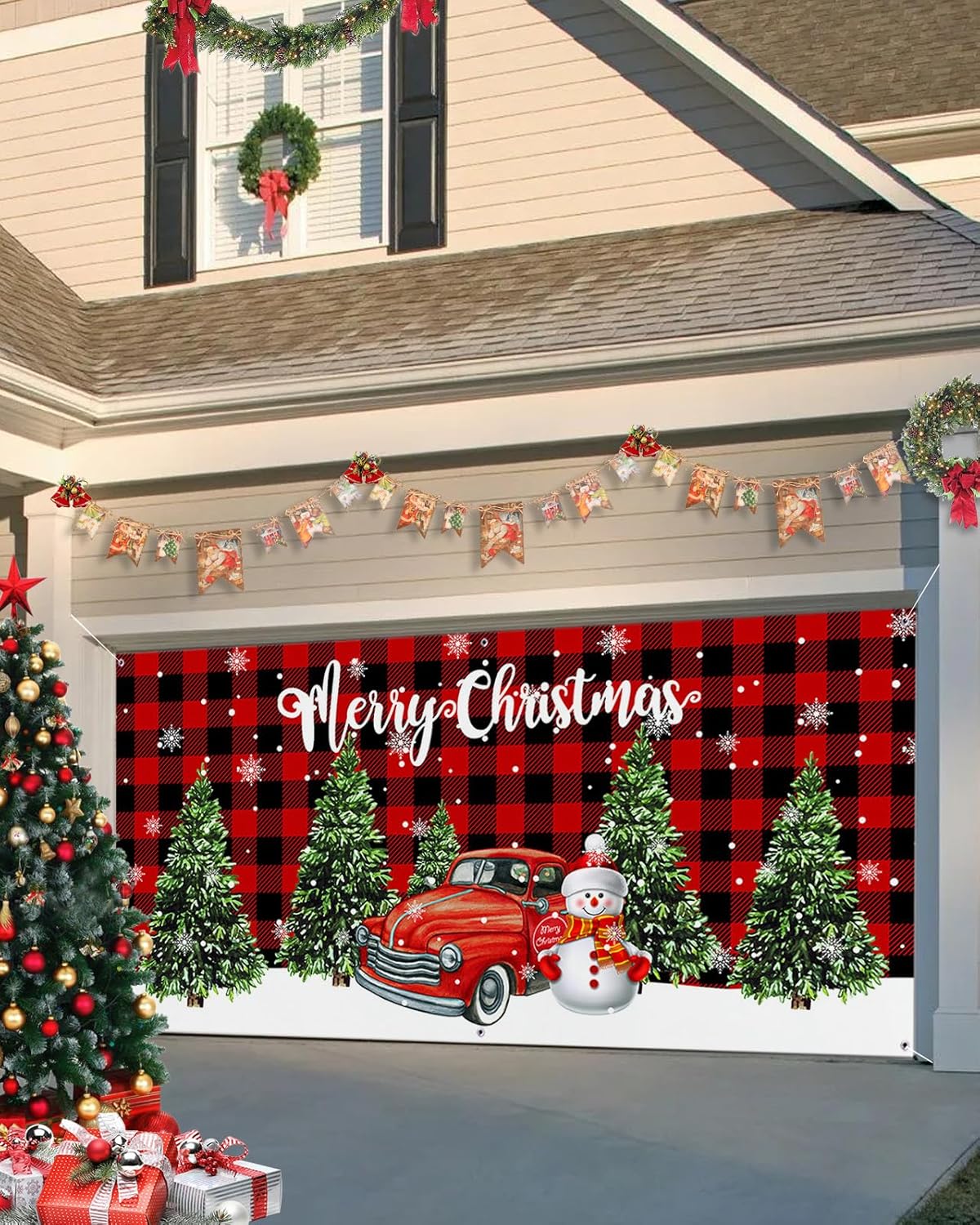 Garage Door Decorations - Christmas Garage Door Banner Cover 7 x 8 ft, Christmas Red Truck Snowman Buffalo Plaid Christmas Garage Door Decorations Holiday Christmas Backdrop Decor for Winter New Year Xmas Party