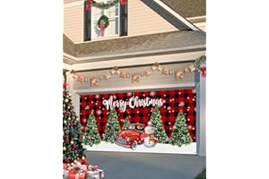 SINGINGIN Christmas Garage Door Banner Cover 7 x 8 ft, Christmas Red Truck Snowman Buffalo Plaid Christmas Garage Door Decorations Holiday Christmas Backdrop Decor for Winter New Year Xmas Party