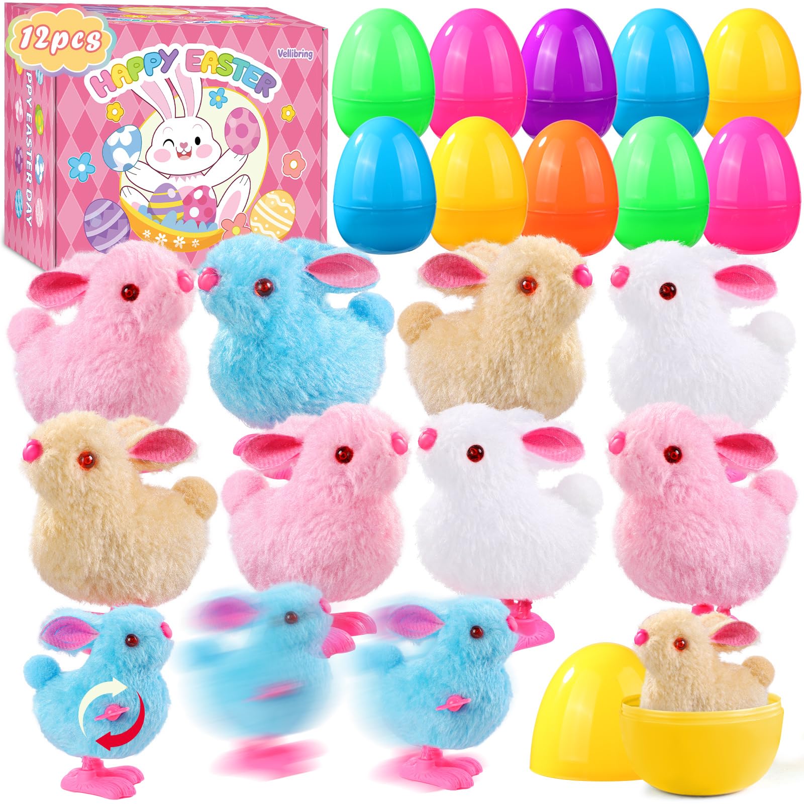 Vellibring 12 Pcs Easter Eggs with Jumping Bunny Wind Up Toys 4 Colors Hopping Windup Toy for Kids Boys Girls Easter Egg Hunt Basket Party Favors Goody Bag Fillers Presents