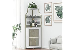 Corner Bar Cabinet, 61" Tall Farmhouse Wine Cabinet with Led Light & Detachable Wine Rack, 5-Tier Industrial Wine Cabinet wit