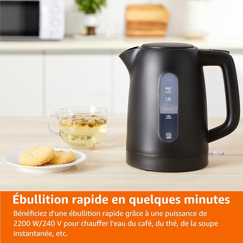 Bouilloire Électrique 1,7L, 2200 W, Sans BPA avec Base 360°, Arrêt Automatique et Filtre Anti-Calcaire Amovible, Noir Mat