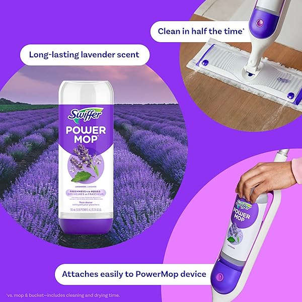SWIFFER POWER MOP REFILL SOLUTION, FLOOR CLEANER FOR MOPPING TILE, VINYL, LAMINATE, WOOD IN HOME, BATHROOM, KITCHEN, ALL PURPOSE MULTI-SURFACE SOLUTION FOR FLOOR CLEANING, LAVENDER SCENT, 50.6OZ