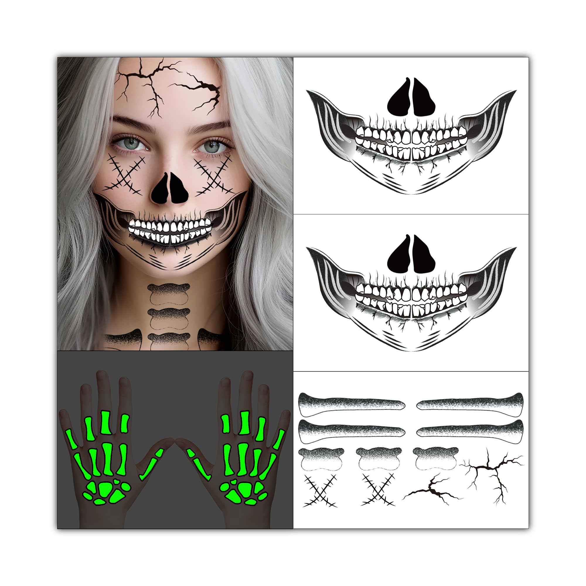 U-Goforst 2X Skeleton Face Tattoo, Skeleton Hand Tattoo Glow in The ...
