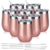 8 Pack 12Oz Stainless Steel Wine Tumblers, Insulated Wine Tumbler, Double Wall Insulated Wine Glass, Stainless Steel Stemless Wine Cups with Lids for Coffee, Wine, Cocktails, Champaign, Rose Gold