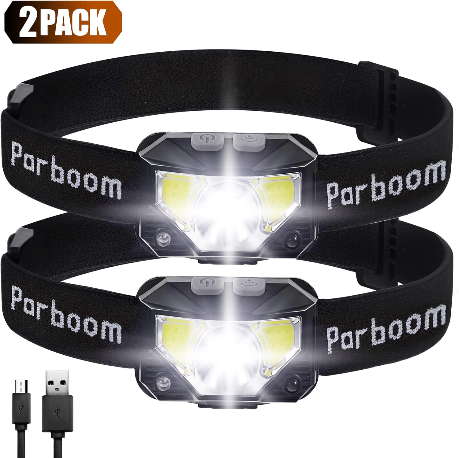 Parboom Headlamp, 2 Pack USB Rechargeable Headlamp, Waterproof, Suitable for Outdoor Running, Camping, Hiking and Fishing, Headlamps with Motion Sensor for Adults, Kids: Sports & Outdoors