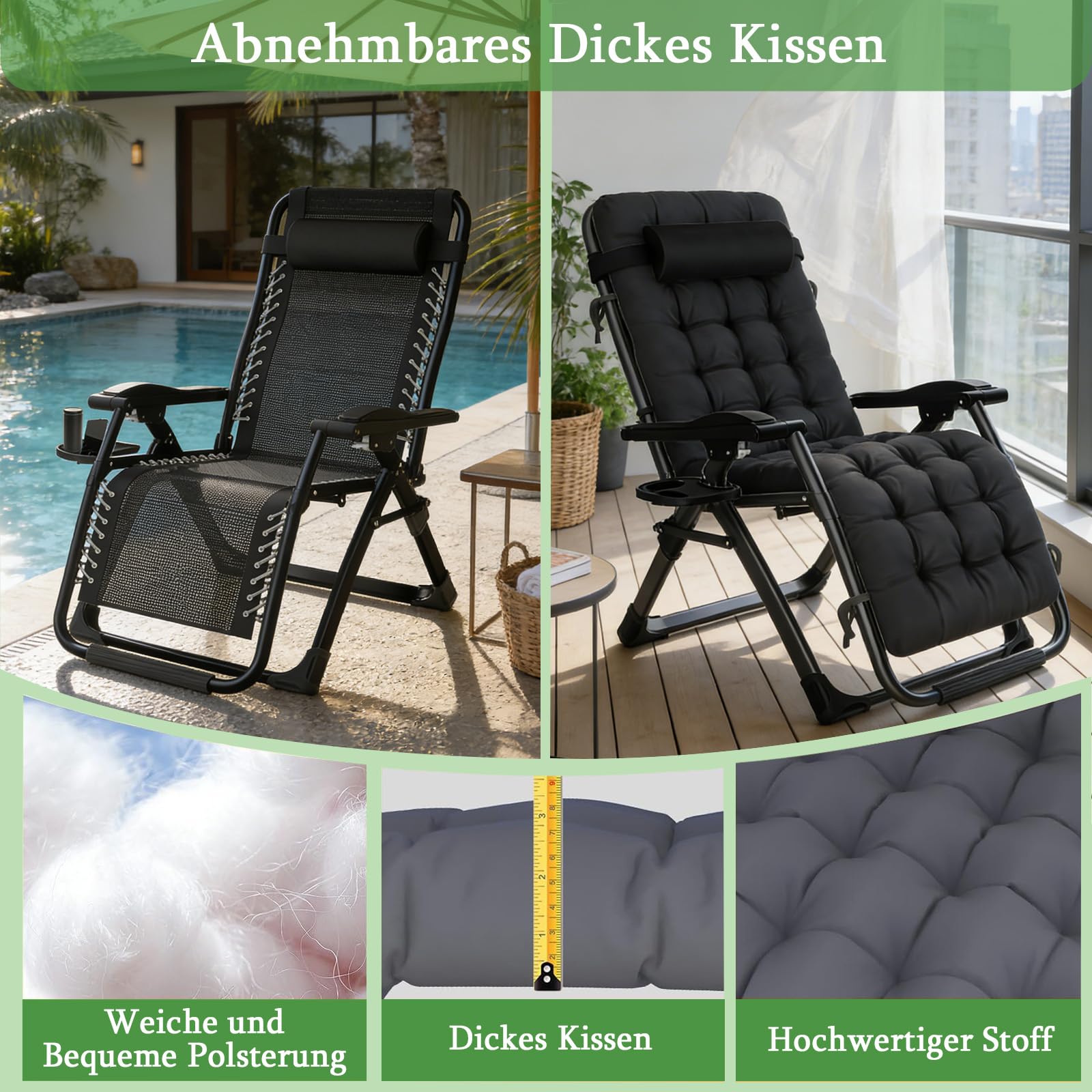 haiorjun Sonnenliege Liegestuhl Klappbar 200kg Belastbar Klappbare Gartenliege mit Abnehmbare Kissen und Auflage, Extra Breite 72 cm Relaxliege Garten Verstellbare Rückenlehne Balkonliege 6
