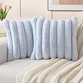 FUTEI Light Blue Decorative Throw Pillow Covers 18x18 Inch Set of 2, Square Soft Faux Rabbit Fur Thick Striped Cushion Cover,Winter Home Decor for Couch Bed Living Room