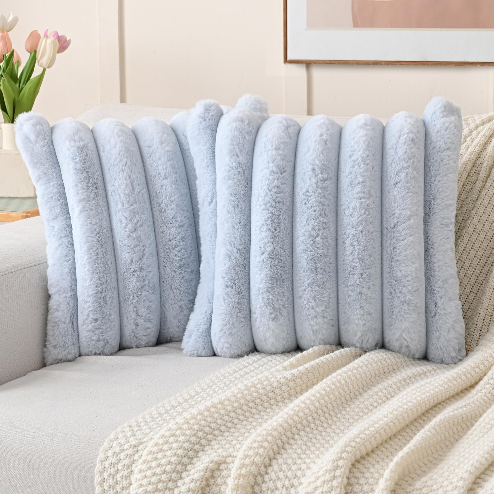 FUTEI Light Blue Decorative Throw Pillow Covers 20x20 Inch Set of 2, Square Soft Faux Rabbit Fur Thick Striped Cushion Cover,Spring Home Decor for Couch Bed Living Room Image
