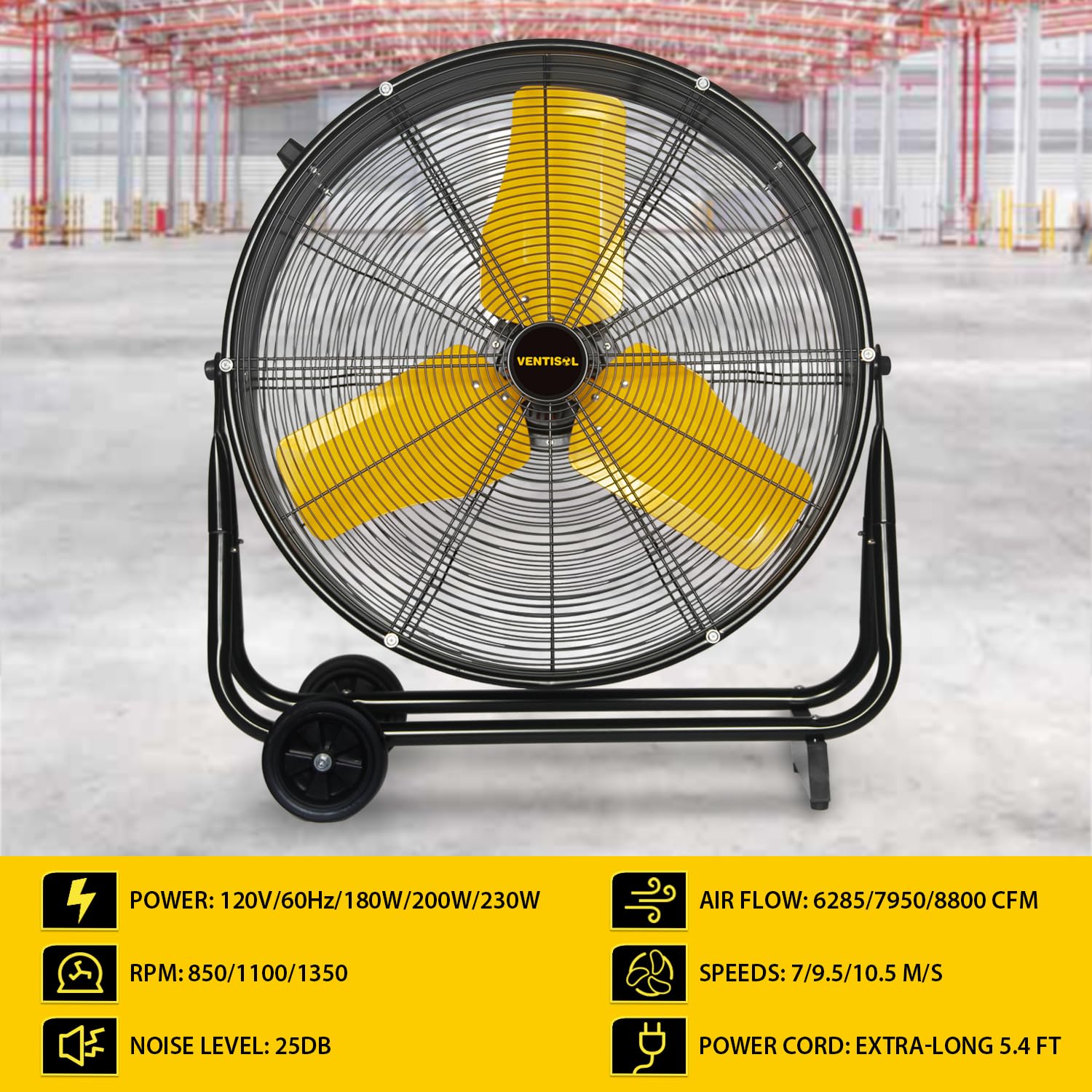 VENTISOL 24 Inch Industrial Drum Fan, 8800 CFM Heavy Duty Floor Fan,High Velocity Metal Fan, Shop Fans for Garage,Warehouse,Patio,Greenhouse,Workship,3-Speed