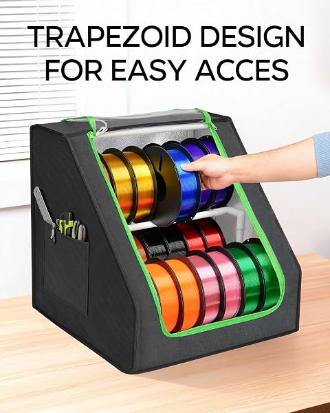 FANGSUN 3D PRINTER FILAMENT STORAGE BOX – HOLDS UP TO 21 SPOOLS, 2-TIER FILAMENT RACK AND ORGANIZER BOX WITH STABLE TRAPEZOID FRAME AND POCKETS FOR 3D PRINTING ENTHUSIASTS IN HOME, STUDIO, OR WORKSHOP