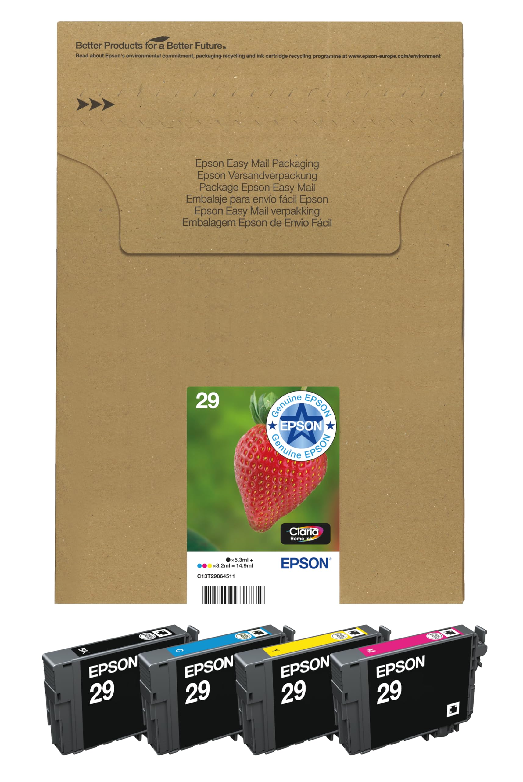 Epson 29 Strawberry Genuine Multipack, Eco-Friendly Packaging, 4-colours Ink Cartridges, Claria Home Ink