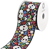 HOMEFORD Halloween Day of The Dead Calaveras Sugar Skull Satin Wired Ribbon, 2-1/2-inch, 10-Yard, Black