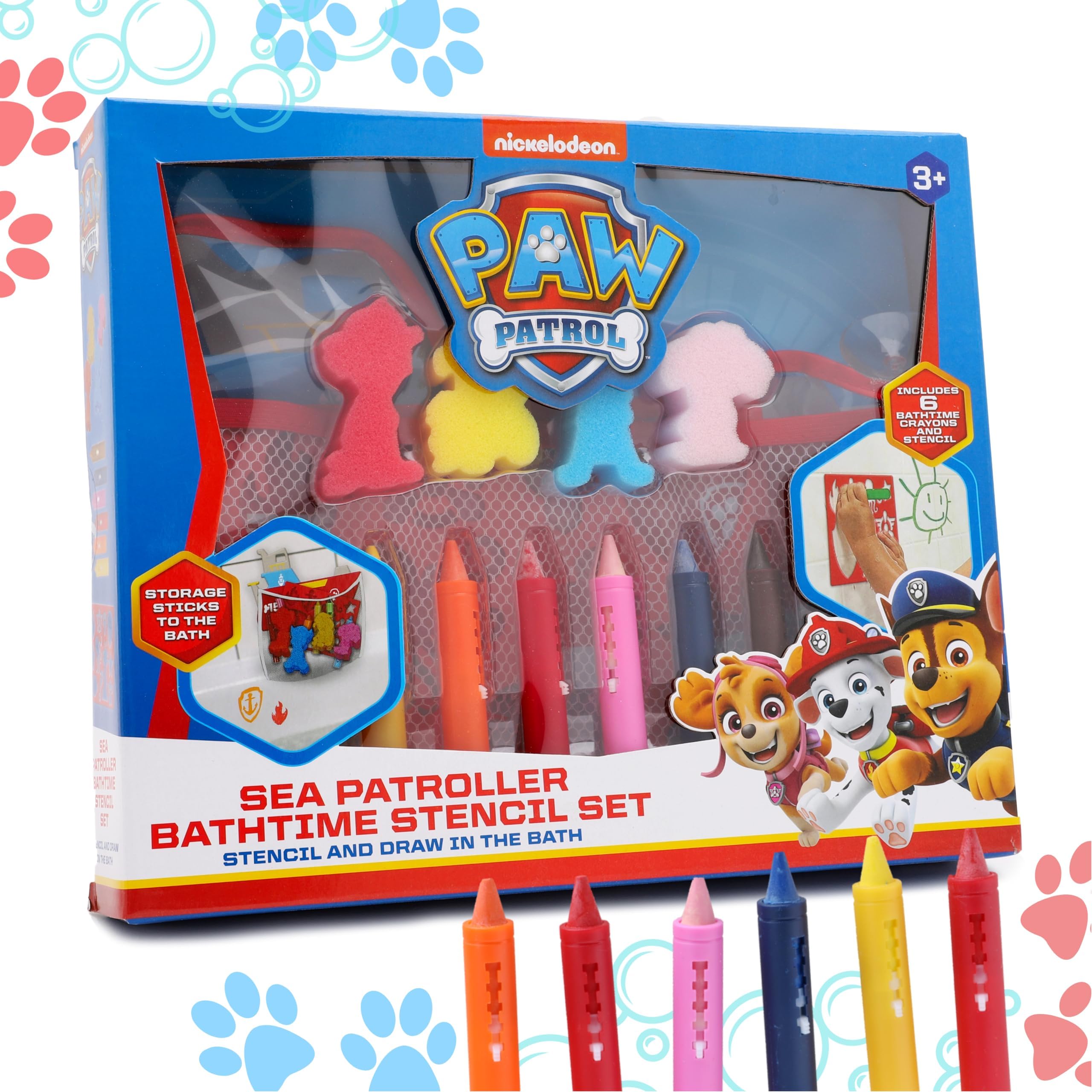 Toyland® Paw Patrol Bathtime Set -Crayon & Stencil Set With Sea Patroller Storage Bag - Bath Toys - Suitable ages 3+