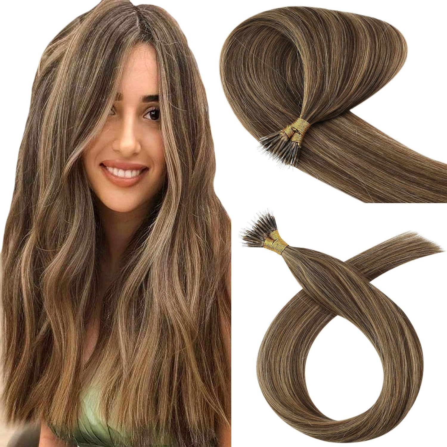YoungSee Nano Beads Hair Extensions Brown 16inch Nano Tip Hair Extensions Real Human Hair Dark Brown Highlights Caramel Blonde Pre Bonded Nanolink Extensions for Wedding Cold Fusion 50s 50g