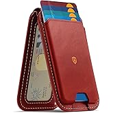 SHIELDON Genuine Leather Strong Magnetic Card Holder for MagSafe, Phone Wallet Stand, Angle Adjustment RFID Blocking 6 Cards Magnet Wallet Compatible with iPhone 17/16/15/14/13/12 Series - Red