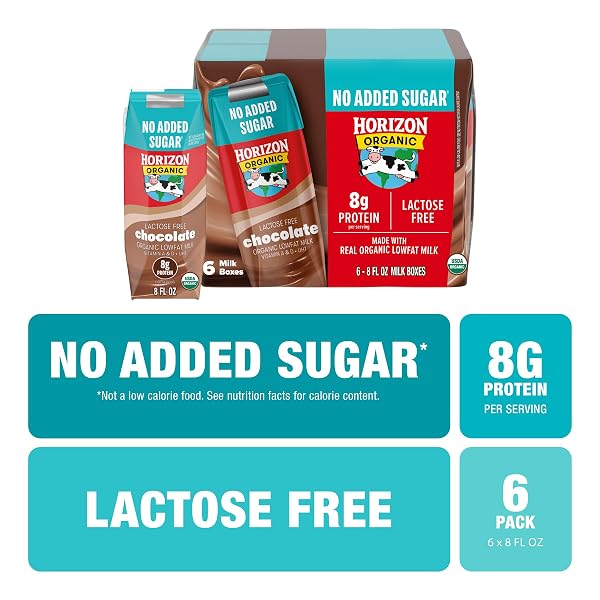 NEW HORIZON ORGANIC SHELF STABLE NO ADDED SUGAR LACTOSE FREE 1% LOWFAT CHOCOLATE MILK BOXES, 8 FL OZ, 6 COUNT – 8G PROTEIN PER SERVING, USDA ORGANIC, READY TO DRINK, NO REFRIGERATION NEEDED