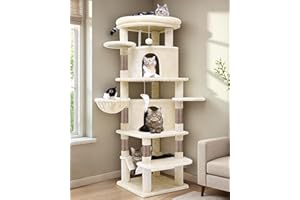 Globlazer Corner Cat Tree for Large Cats, 66inch Tall Curved Series Large Cat Tower for Multiple Indoor Cats with 6 Scratching Posts, 2 Spacious Cat Condos, Hammock, Hanging Basket, C66, Beige