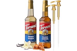 Torani Coffee Syrup Variety Pack - French Vanilla and Classic Caramel Syrup for Coffee with 2 Jimoco Syrup Pump Dispenser Compatible with Torani Syrup
