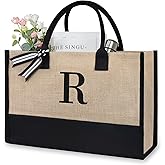 TOPDesign Personalized Initial Canvas Beach Bag, Monogrammed Gift Tote Bag for Women