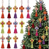 HunnmingRe 12/24 Pcs Mexican Embroidered Keychain Ornaments Artisan Gift | Christmas Fiesta Party Favor Pom Bag Charm Bulk, Colorful Talavera Boho Party Supplies, Xmas Tree Hanger Decor Holiday Gift