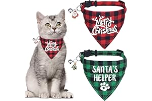 STMK 2 Pack Christmas Cat Bandana Collar with Bell, Breakaway Holiday Cat Kitten Bandana Collar with Bell for Cats Costumes Outfits (Merry Christmas & Santa's Helper)