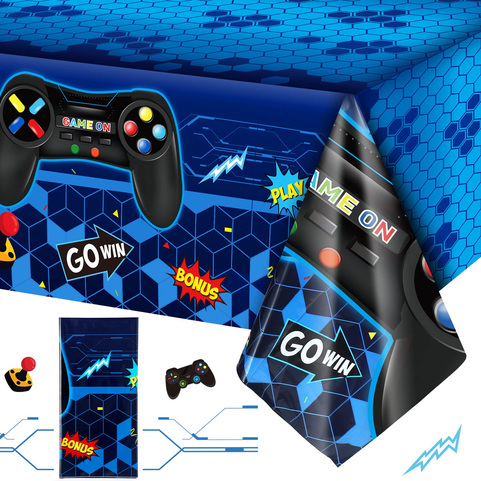 Tatuo 1 Pcs Video Game Table Cover, Game Theme Birthday Decoration Plastic Table Cloth Party Supplies for Boys Girls Kids Player Geek Party Decorations, 54 x 108 Inch (Blue)