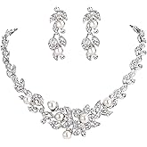 BriLove Wedding Bridal Cream Simulated Pearl Jewelry Set for Women Cluster Leaf Vine Hibiscus Flower Crystal Collar Dangle Clear Silver-Tone