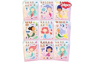 GREINGWAYS 24 Pcs Make Your Own Mermaid Sticker Sheets for Kids with Mermaid Face Stickers for Kids Toddlers Girls Crafts Activities Gift Bag Stuffers Birthday Party Valentines Day Gifts for Kids Classroom