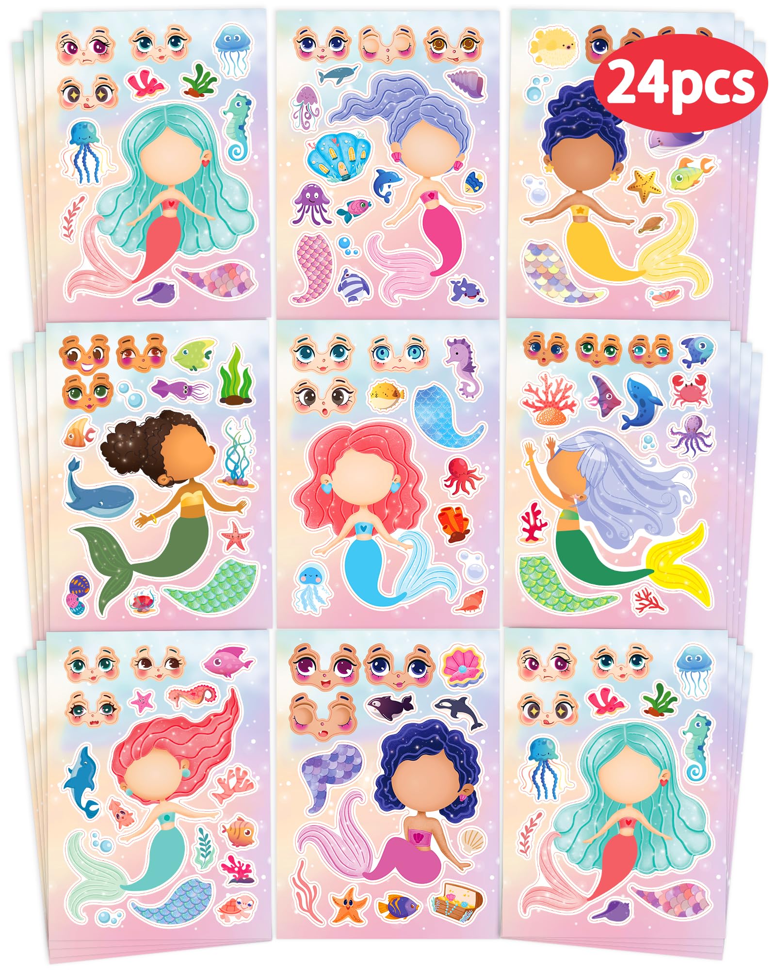 Photo 1 of 24 Pcs Make Your Own Mermaid Sticker Sheets for Kids with Mermaid Face Stickers for Toddlers Girls Crafts Activities Gift Bag Stuffers Birthday Party Valentines Day Gifts for Kids Classroom