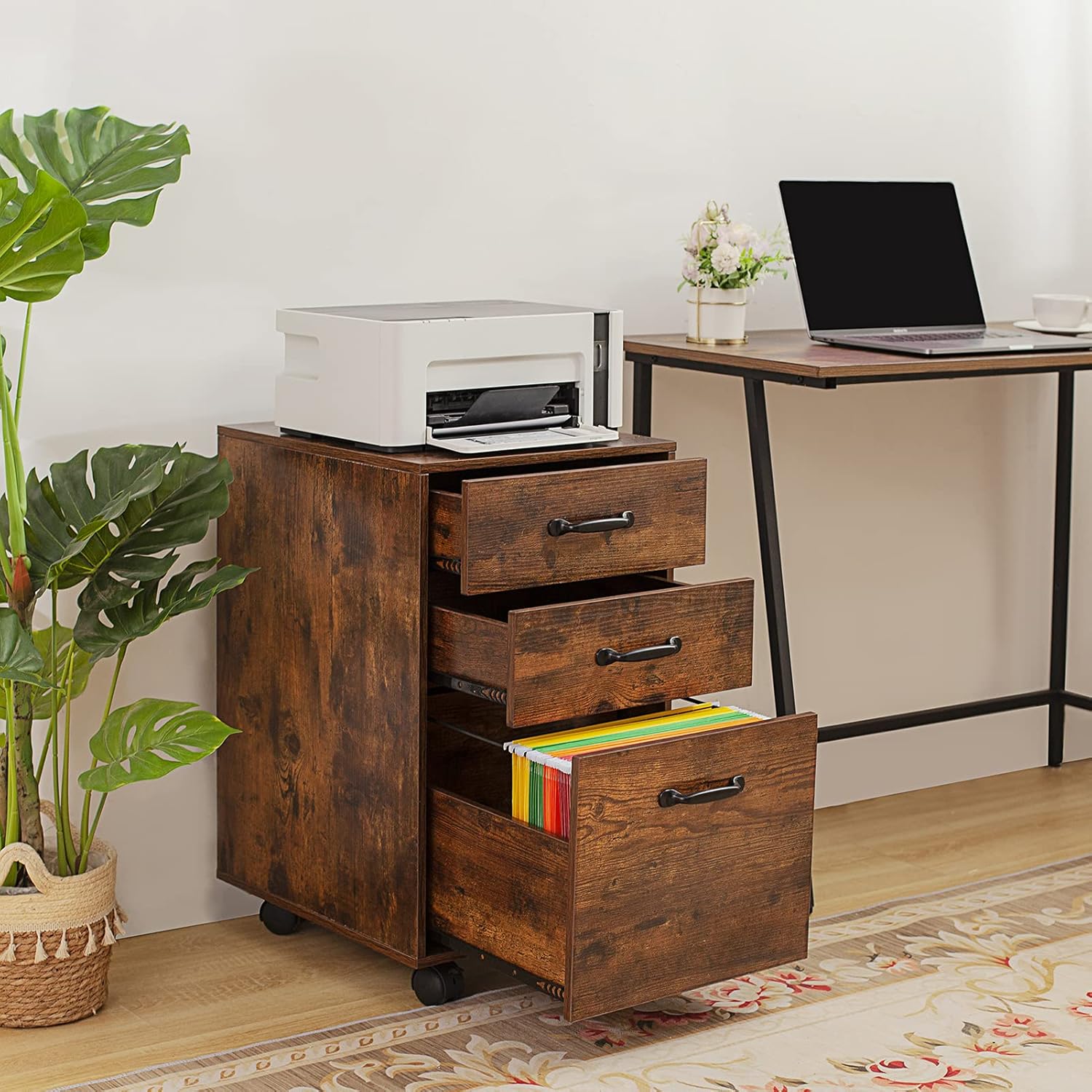 DINZI LVJ Rolling File Cabinet, 3 Drawer File Cabinet on Wheels, Mobile Office Cabinet for A4, Letter Size Files, Hanging File Folders, Under Desk Filing Cabinets for Home Office, Rustic Brown: Kitchen & Dining