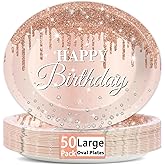 50Pcs Rose Gold Birthday Oval Paper Plates 11Inch Large Pink Glitter Diamonds Platters Happy Birthday Party Decors Heavy Duty Dish Tray for Girls Women Happy Birthday Gathering Tableware Set Supplies