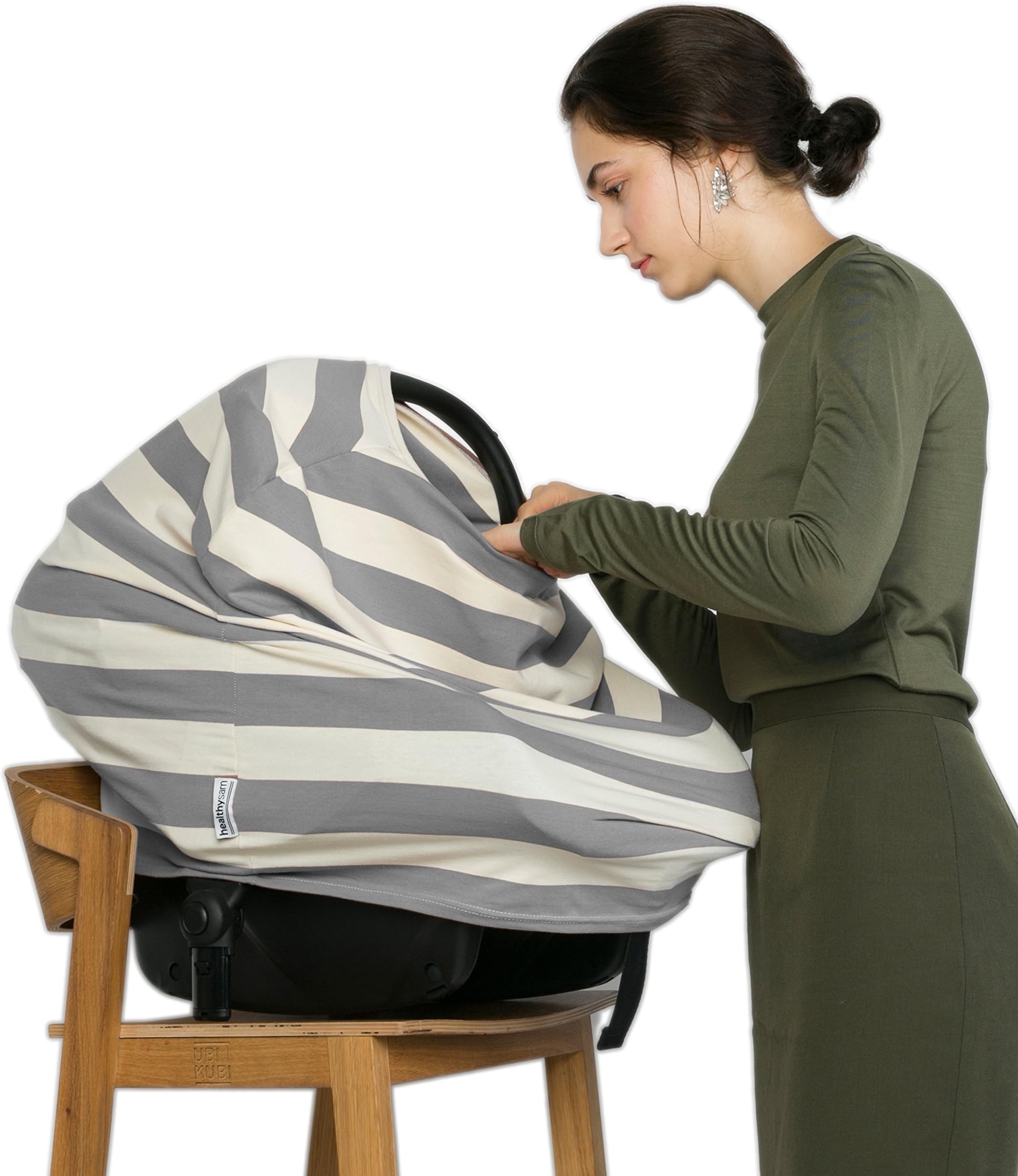 Breastfeeding Nursing Cover + 1 Burp Cloth by HealthySam - Baby Car Seat Covers - Shopping Cart, High Chair, Stroller and Carseat Canopy - Stretchy, Breathable Scarf and Shawl - Cotton - Grey Stripes