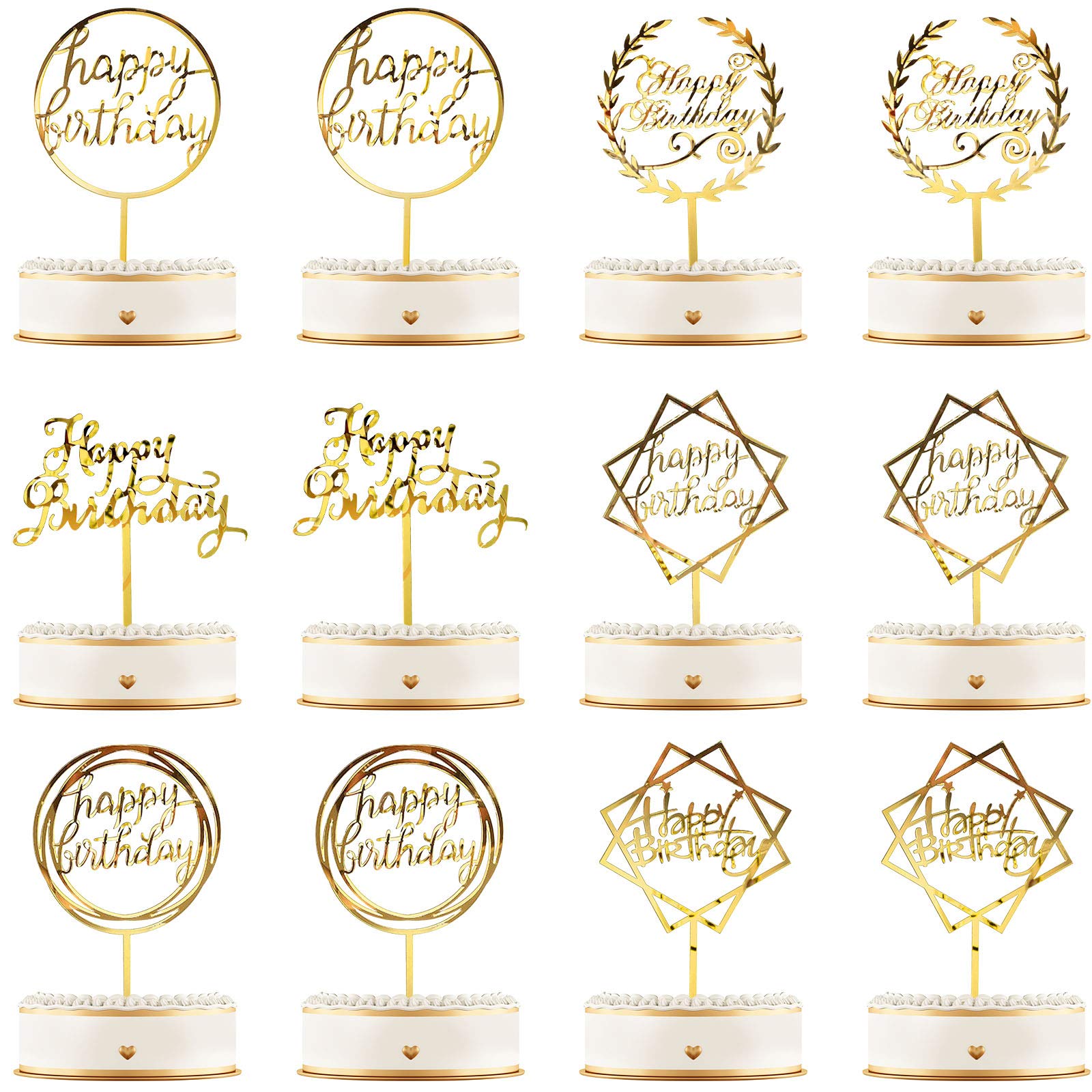 12 Pieces Happy Birthday Cake Topper Acrylic Birthday Cupcake Topper Cake Pick Decorations for Birthday Party Cake Desserts Pastries, 6 Styles (Gold)
