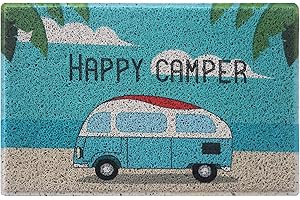 Aucuda Happy Camper RV Door Mat for Beach, Camper Entrway Rugs Welcome Mat for Front Door, RV, Lake, 24"x16" Non-Slip Indoor Outside Mats for Autumn, Waterproof Camping Door Mat Trap Dirt&Sand, Blue.