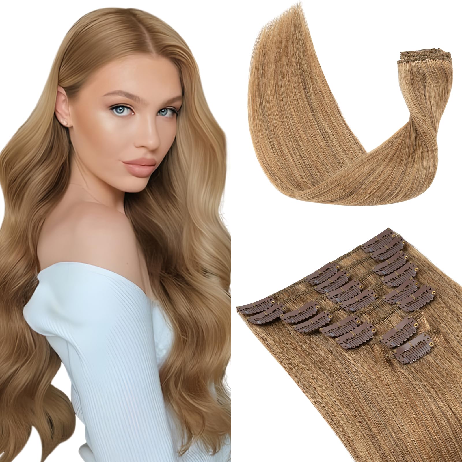Elailite Clip in Hair Extension Real Human Hair Remy Natural Hair - 8 Pieces (Thin Weft) Full Head Straight - #27 Dark Blonde - 10 Inch (50 g)