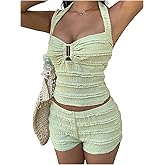SOLY HUX Women's Summer Vacation Short Set Textured Halter Crop Top Mini Shorts Two Piece Going Out Outfits