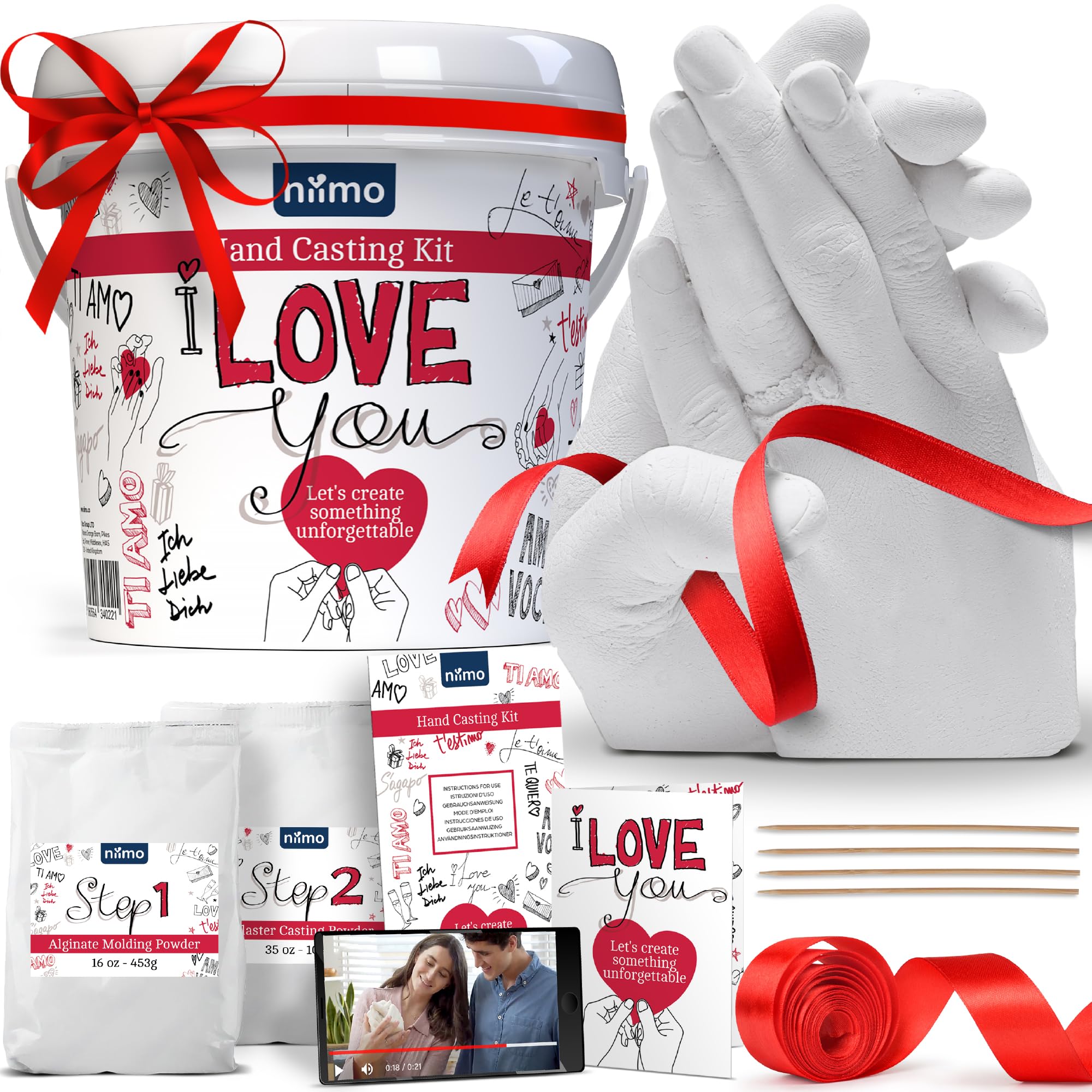 Niimo® 'I Love You' Couples Hand Casting Kit - Fun & Skin-Safe Hand Moulding Kit Couple, Personalised Gifts for Her & Him, with Gift Card & Video Tutorial