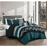 Chezmoi Collection Arden 7-Piece Modern Pleated Stripe Embroidered Zigzag Bedding Comforter Set (Queen, Teal/Black/Gray)