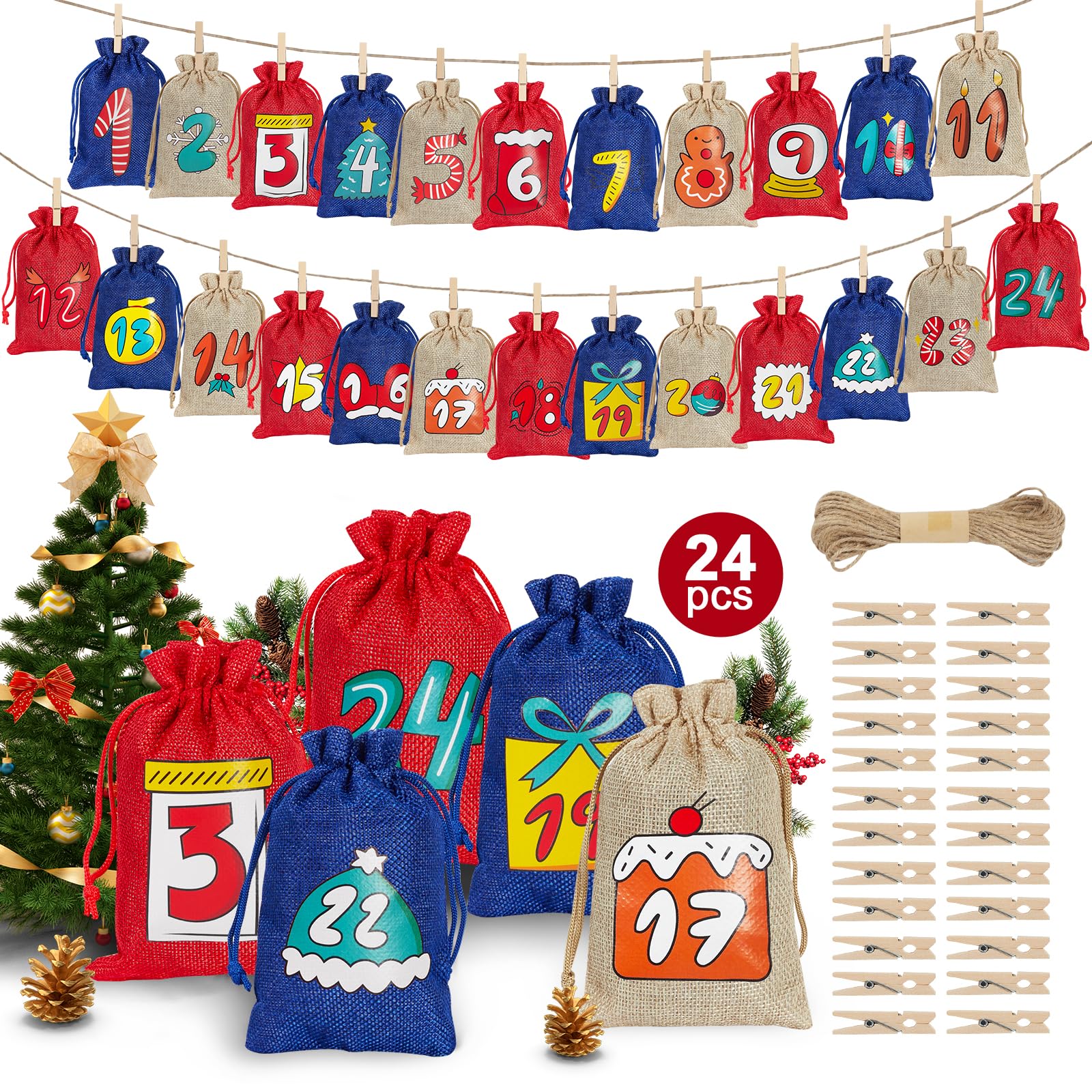 Photo 1 of 2025 Christmas Advent Calendar Bags with Drawstring and Clip, Reusable 24 Days Thanksgiving Countdown DIY Gift Burlap Bag Wall Hanging Advent for Xmas Tree Fireplace Decor (Dark Blue + Khaki + Red)