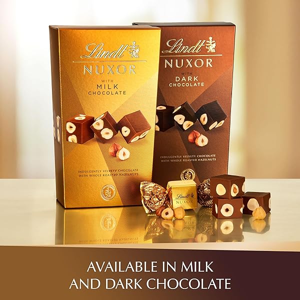 LINDT NUXOR MILK CHOCOLATE CANDY, CHOCOLATE WITH WHOLE ROASTED HAZELNUTS, 5.8 OZ. BOX