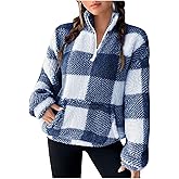 eoeioa Sherpa Quarter Zip Pullover Women Plush Oversized Mock Neck Sweatshirt Winter Warm Checkered Sweater with Pockets