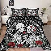 DJNEAR Red Rose Skull Bedding Set for Teens Adults Women Queen Size, 1 Comforter 2 Pillowcases, Black Goth Comforter Set Skeleton Quilt Halloween Room Decor