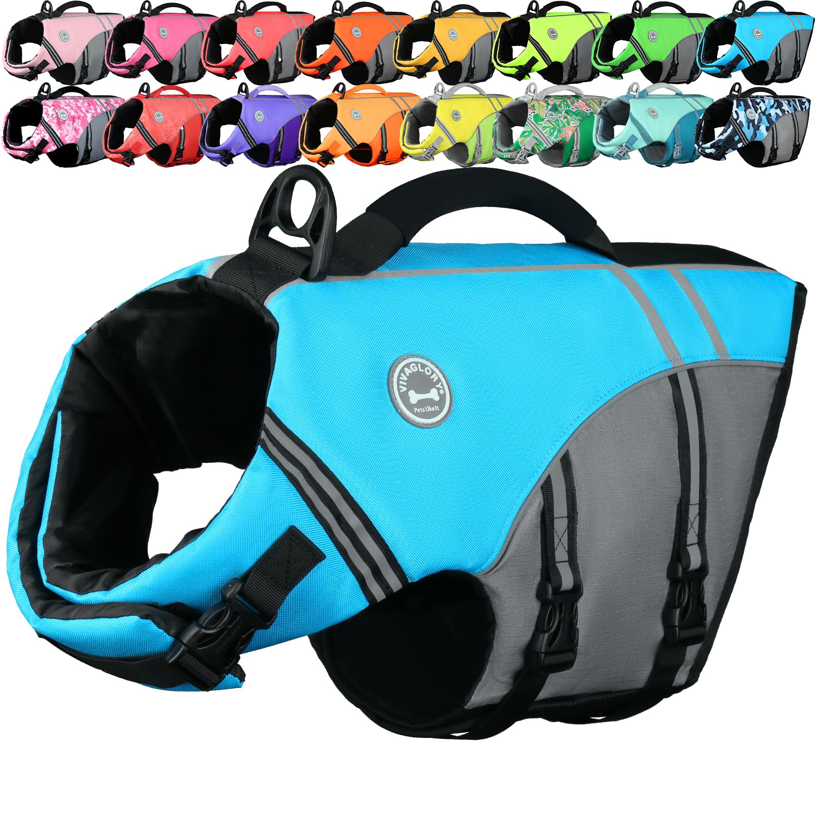 VIVAGLORY Sports Style Dog Life Jacket, Dog Buoyancy Jacket for Swimming & Boating, Ripstop & Buoyancy for Doggy, Life Vest with Handle, L, Blue